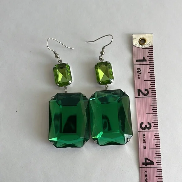 Large Shades of Green Bejeweled Dangle Earrings - Picture 5 of 5